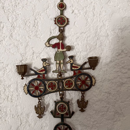 Wall Candleholder Byzantine Enamel Orthodox Cross brass 44x22 cm like new