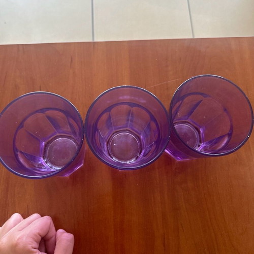 Glass purple water/frappe glasses used, set of 3