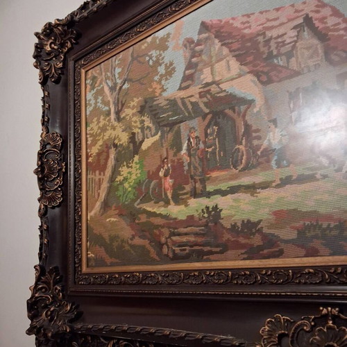 Gobelin tapestry used with handmade embroidery and carved frame