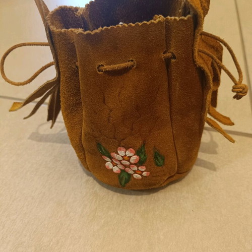 Small suede leather pouch brown used with handmade painting