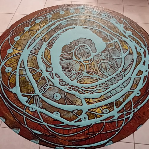 Metal coffee table with abstract acrylic painting, 60 cm