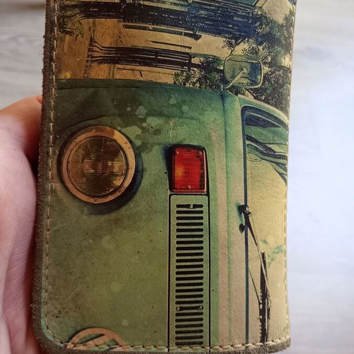 Suede tobacco pouch with VW Transporter Type 2 print like new