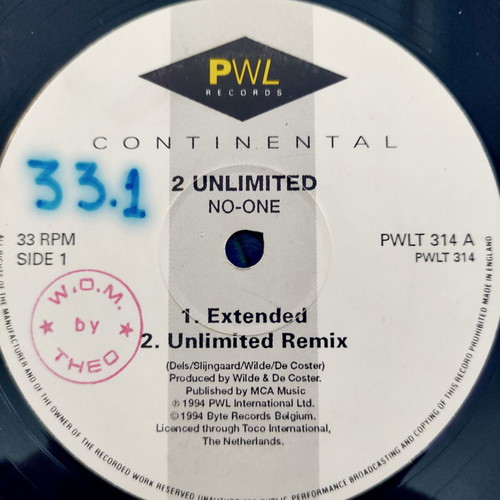 2 Unlimited No One 12'' Vinyl Maxi Single used, electronic