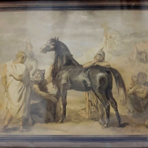 An Arab Presenting a Mare vintage reproduction print used, framed under glass