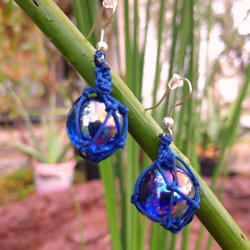 Earrings with macrame art, handmade, new, blue