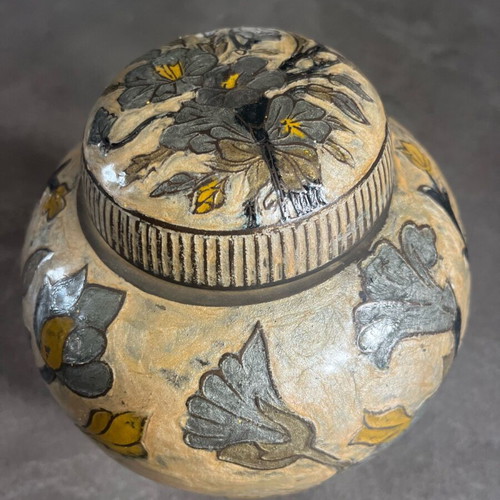 Vintage brass ginger jar with cream enamel and hand-painted motifs like new