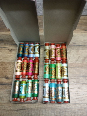 Colonnette sewing threads, 2 vintage boxes, 24 spools, Petalouda Mouzakis S.A.