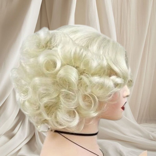 Short blonde curly wig new, large wavy flip style