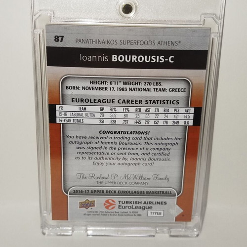 Ioannis Bourousis 2016-17 Upper Deck Euroleague Basketball card like new with Panathinaikos autograph