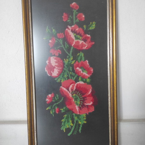 Embroidered paintings used, set of 5 with people, birds, flowers, ducks