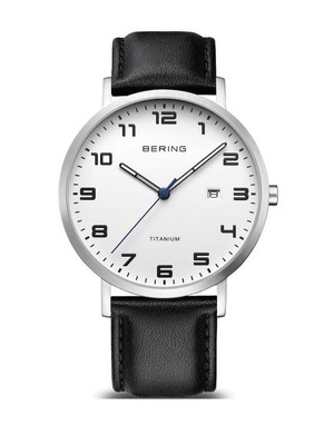 Bering Time titanium watch 40mm, white dial, new, leather strap