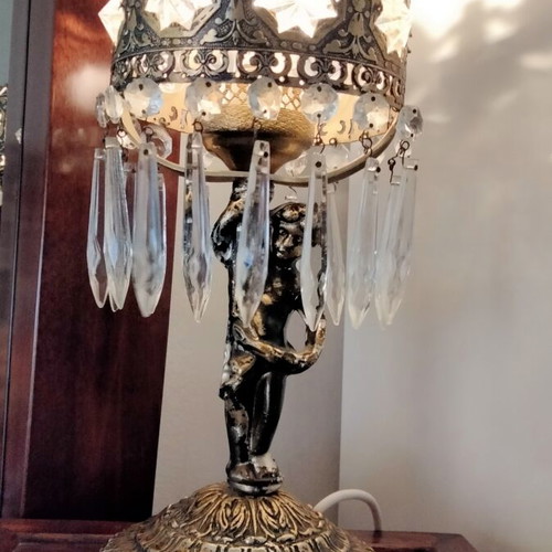 Vintage brass table lamp with cherub and hanging crystals
