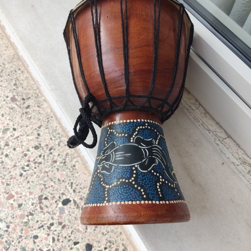 Djembe drum used, traditional carved wood, 30cm height