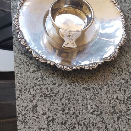 Silver-plated utensils used, bowl and plate with handmade carving