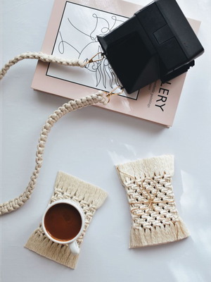 Handmade set of 4 macrame coasters new, natural cord