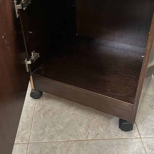 Vintage nightstand with wheels, dark brown, metal handle