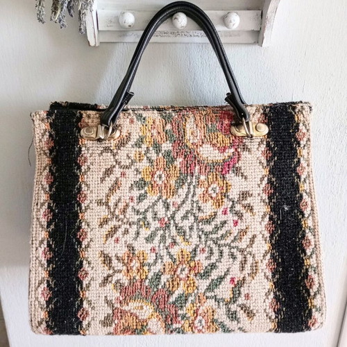 Vintage gobelin handbag used, black and multicolor