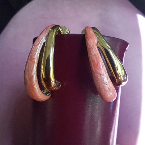 Women's earrings new, steel with coral and gold enamel