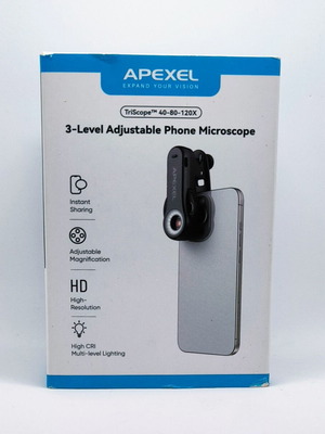 Apexel TriScope 3-в-1 микроскоп за телефон 40X/80X/120X с LED и UV нов
