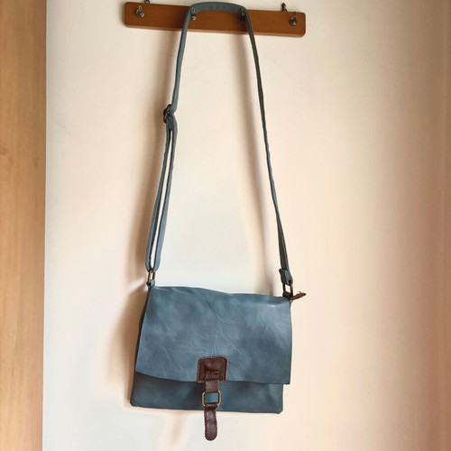 Leather vintage crossbody bag used dusty blue with adjustable strap