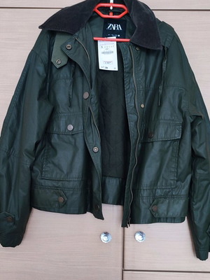 Zara waxed jacket new, size S, olive brown with detachable hood