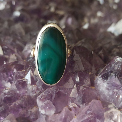 Handmade Silver 950 Ring with Large Oval Malachite Like New
