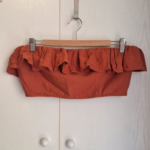 Mind Matter Strapless Crop Top with Ruffles Brick Red like new, size Medium