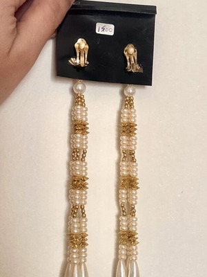 Statement dangling earrings, purple and gold tone