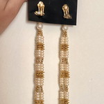 Statement dangling earrings, purple and gold tone