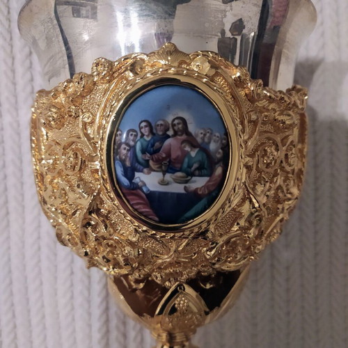 Large gilded chalice like new with enamel and carved decoration