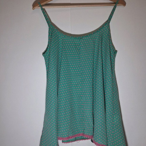 Boho Cami Top green with pink polka dots and pom-pom detail like new