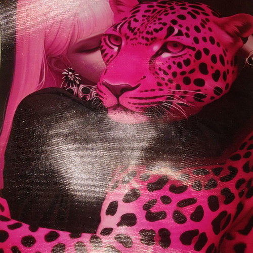 Pink Leopard with Girl Canvas New Wall Decor