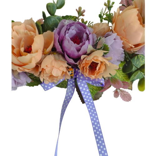 Wreath 30 cm with orange and purple peonies, purple polka dot bows and yellow bee
