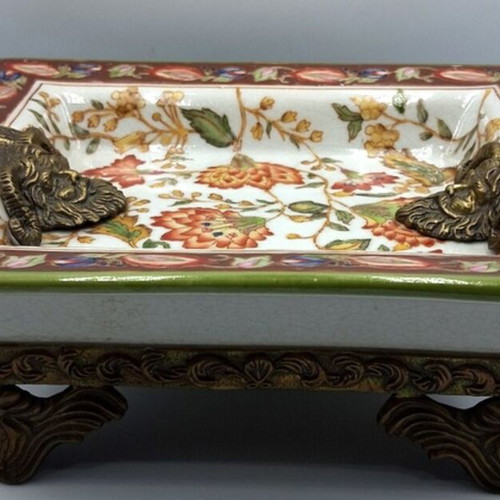 Wong Lee Porcelain Ashtray with Crackle and Bronze Details like new