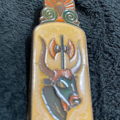 Cretan souvenir brass and enamel record clip used, 1950s Knossos