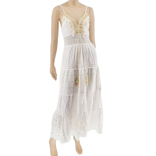 Pure long dress white with embroidery and knitted details, new, one size