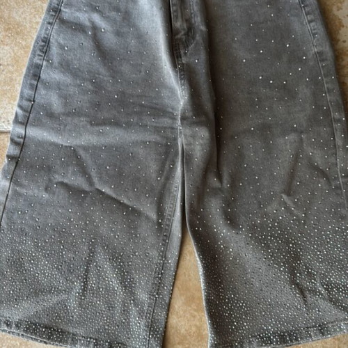 Grey denim bermuda shorts with stones