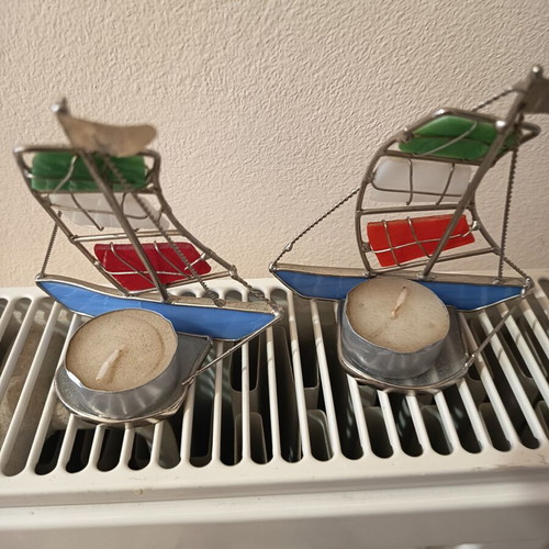 Set of 2 handmade candlesticks with stained glass sailboat design