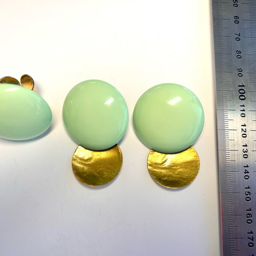 Oversized Mint Glazed Statement Earrings and Ring Set Gold Tone
