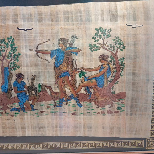 Papyrus painting used, framed wood 44x53 cm
