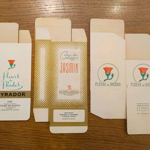 Perfume and cologne boxes Pachos Rhodes 1950s like new, set of 3