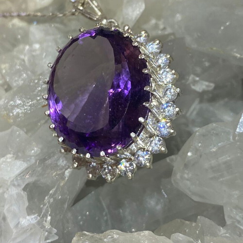 Silver pendant with large cut natural amethyst stone and moissanites, new