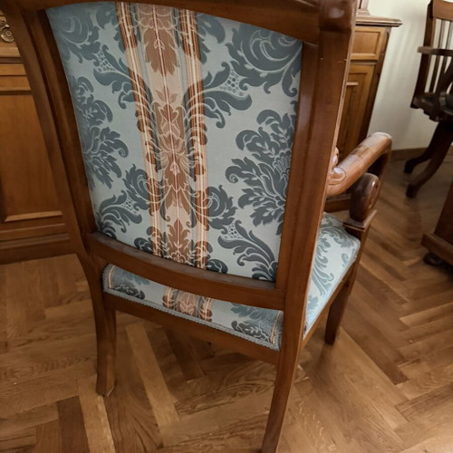 Classic armchairs pair, solid cherry wood, damask upholstery