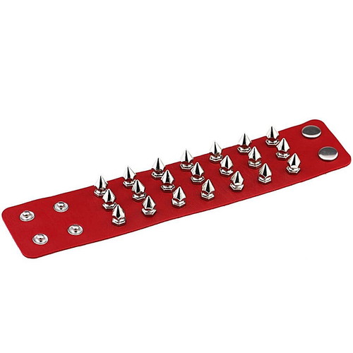 Gothic Metal Style Bracelet with Three Rows of Red Spikes