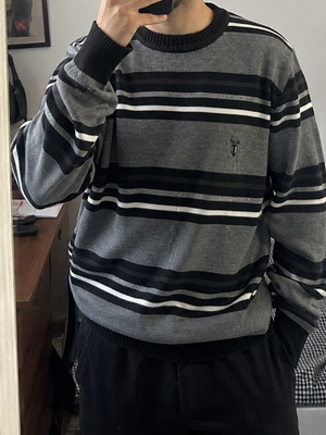 Men's striped thin knit shirt, black and grey, size M