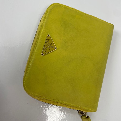 Prada canvas wallet used, yellow, leather interior