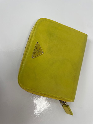 Prada canvas wallet used, yellow, leather interior
