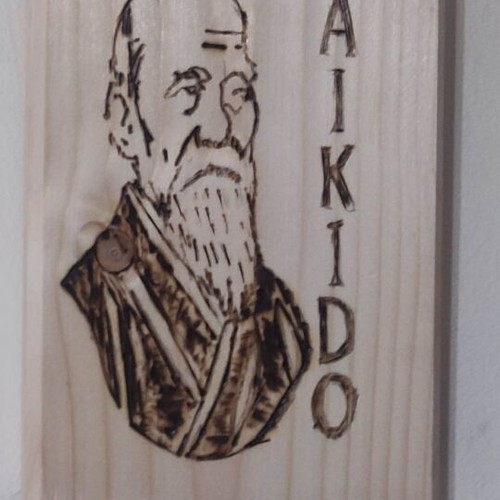 Morihei Ueshiba Aikido pyrography on Swedish fir wood made to order