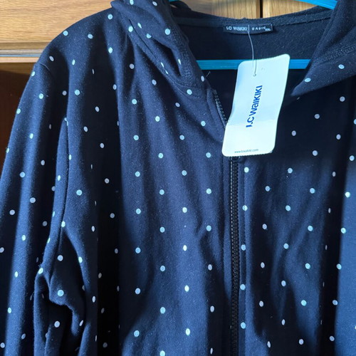 Polka Dot Jacket with Hood and Pockets new, black and white