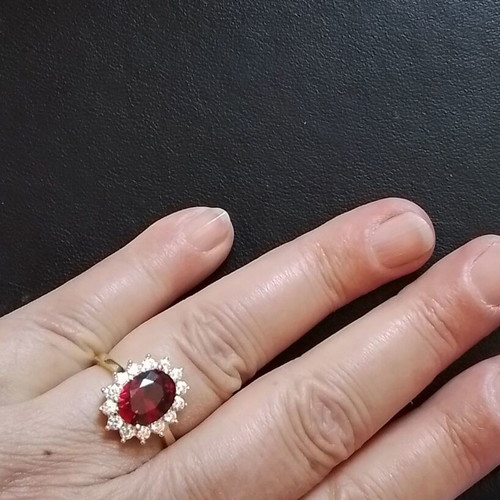 Rosette ring 925 silver gold plated like new, red zircon stone